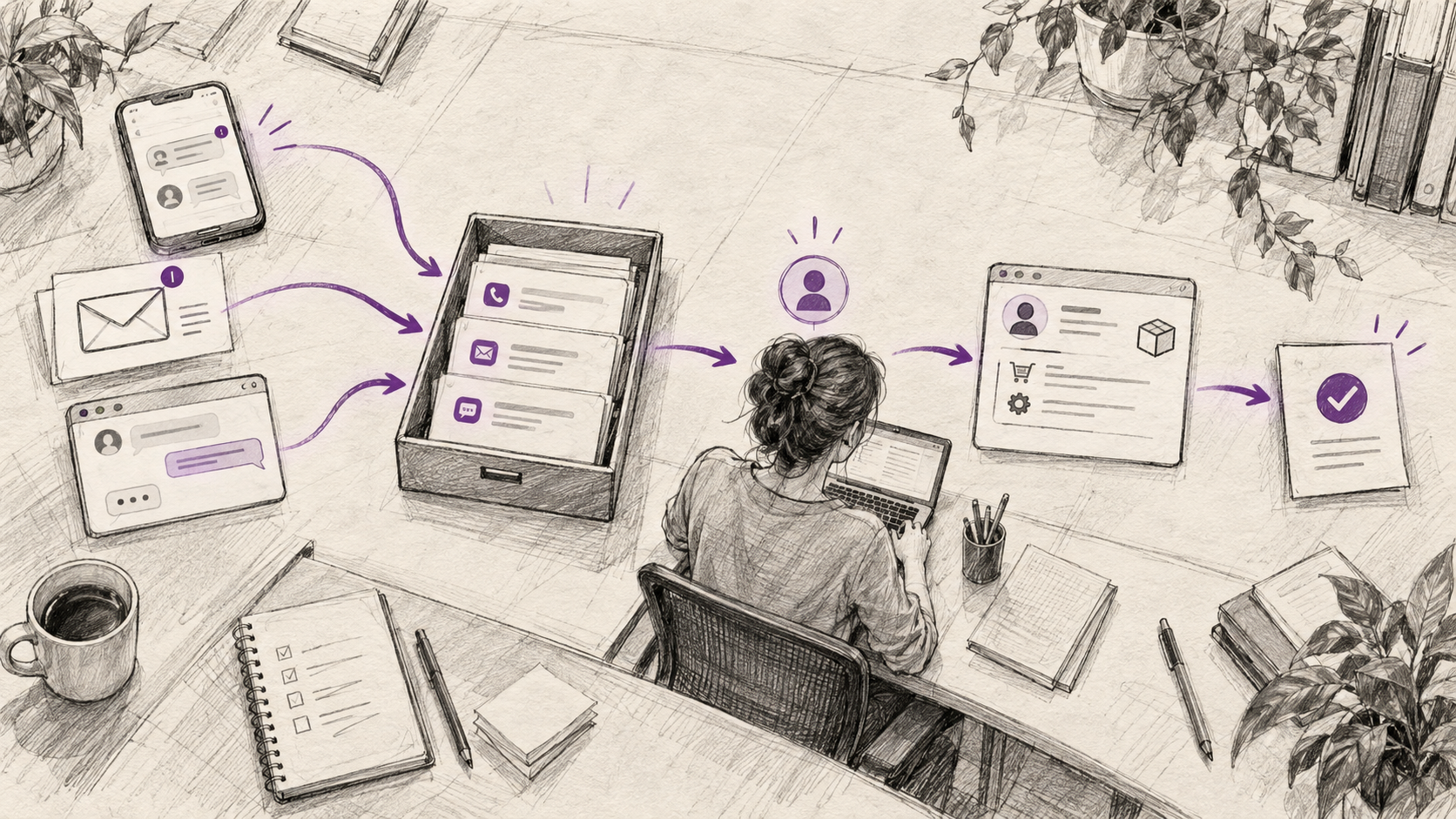 Messages from phone, email, and web chat entering an omnichannel inbox before a teammate completes the customer request.