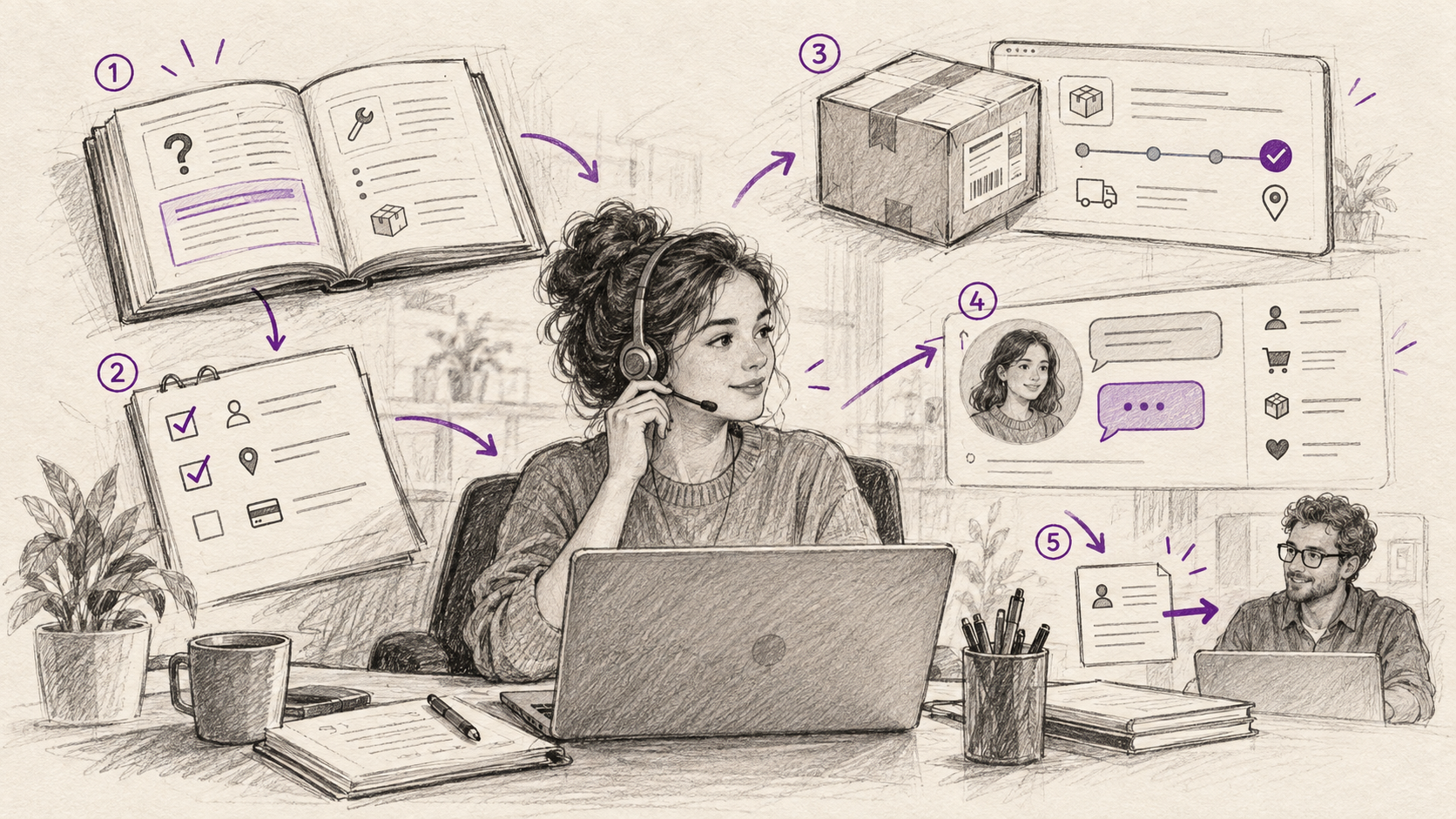 Customer support specialist using AI automation to coordinate answers, intake, order updates, personalized help, and human handoffs.
